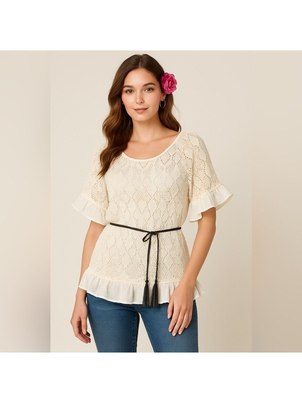 NWOT Audrey Ann Crochet Open Knit Top Shirt Size Large.